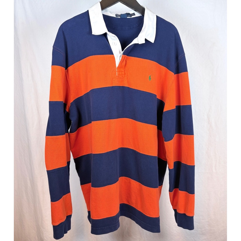 Vtg 90s Polo Ralph Lauren Men XXL Rugby Shirt Orange Blue Striped Cotton Kanye